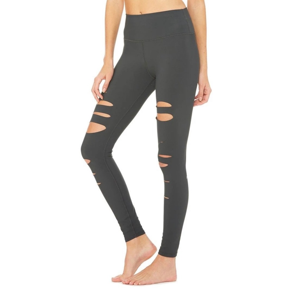 Alo‎ Yoga Ripped Warrior Leggings Womens Gray High Waist Laser Cut Distressed